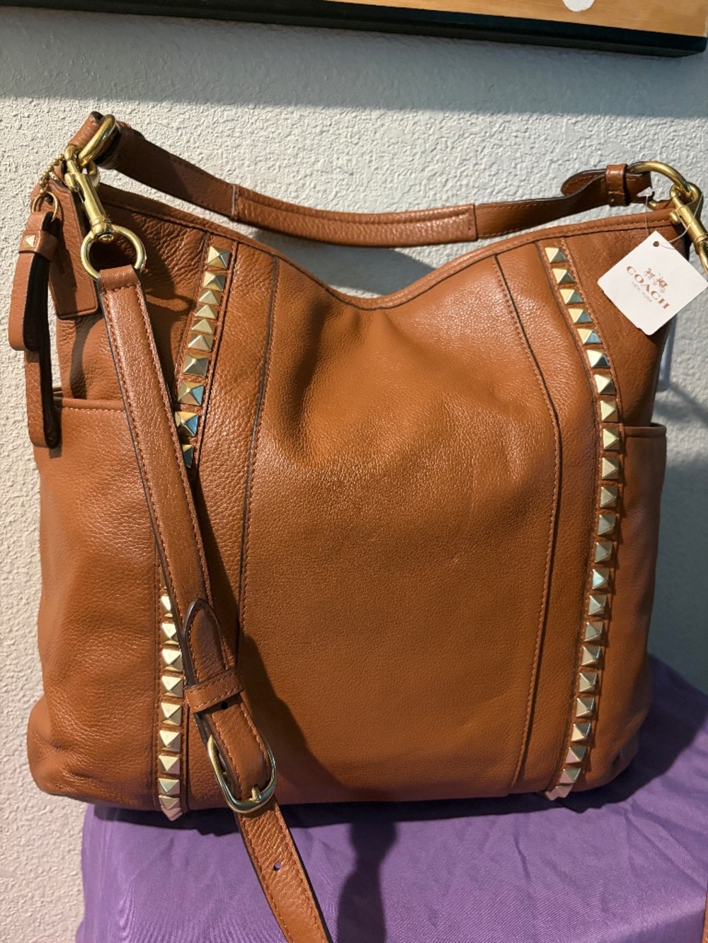 Coach Leather Pyramid Stud Hobo Tote Crossbody in Saddle NWT